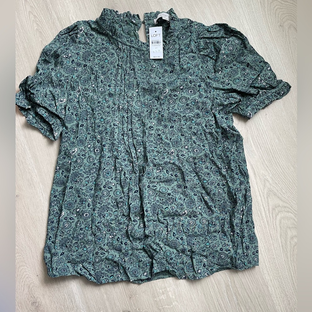 LOFT Green Pleated Blouse with Peter Pan Collar
